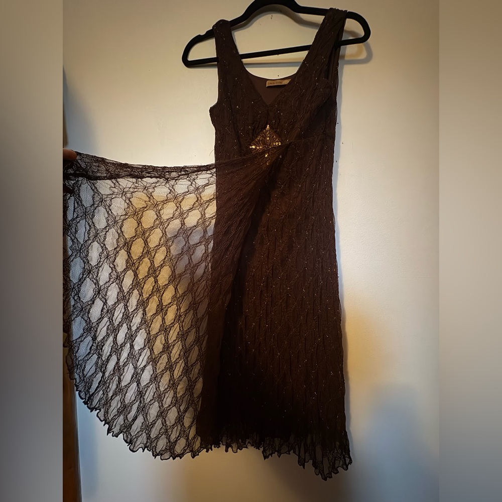 Y2K Brown Lace Midi Dress with Gold tinsel accents